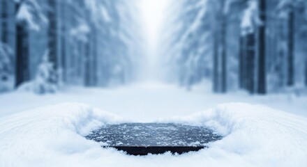 Snowy Wooden Table in Winter Forest