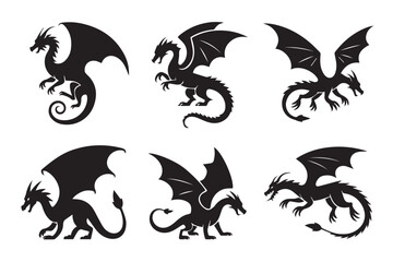 Naklejka premium six stylized dragon silhouettes vector pack medieval fantasy beasts in diverse poses ideal for logo mascot stencil and ai eps jpeg png