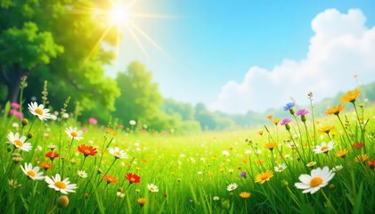 Sun-drenched meadow, wildflowers in bloom, vibrant green grass, gentle breeze rustling through tall blades Perfect idyllic summer scene, nature's beauty captured in its purest form , flowers, field
