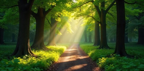Sunlight dapples through the leaves of a lush park forest, illuminating a tranquil path winding through ancient trees Perfect for nature, tranquility, and environmental themes , leaves, leaves, path