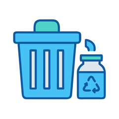 Flat vector illustration depicting recycling bin and glass jar on black background