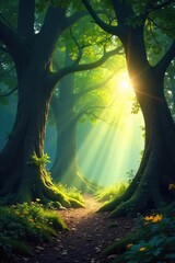 Sunlight dappling through ancient trees in a mystical woodland scene Perfect for fantasy, fairytale, or nature-themed projects Tranquil, serene atmosphere , vegetation, pattern