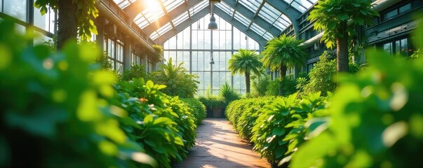 Sunlight streams into a modern greenhouse, illuminating lush green plants and creating a vibrant, natural atmosphere Ideal for gardening, botany, and environmental themes , spring, flowers, fresh