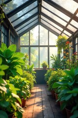 Sunlit Modern Greenhouse Lush Greenery and Vibrant Warmth, Ideal for Gardening and Horticultural Projects