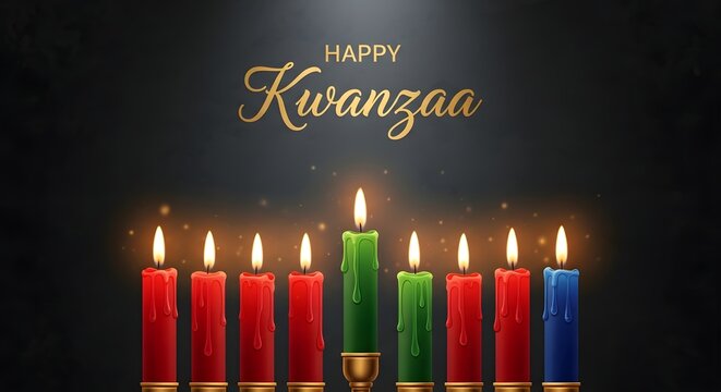 Happy kwanzaa greeting card with kinara candles on dark background