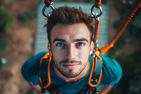 Generative AI image of a smiling person enjoying extreme bungee jumping adventure with scenic mountain landscape behind