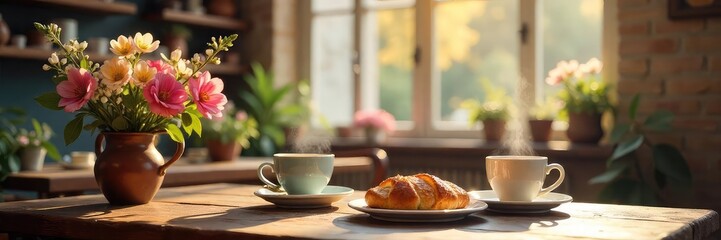 Sunlight streams through large windows illuminating a cozy cafe interior filled with blooming spring flowers, fresh pastries, and steaming coffee cups on rustic wooden tables , latte, cozy