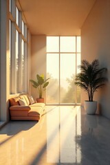 Sunlight streams through large windows in a modern, minimalist interior, illuminating dust motes dancing in the air The clean lines and bright space create a serene atmosphere , property, window