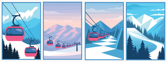 Ski Resort Landscape Poster. Snowy Mountains, Ski Lifts, and Winter Sports Adventure Vector Illustration