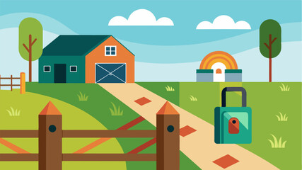 A fence system with an autolock feature preventing unauthorized entry and ensuring the safety of the farm and its inhabitants.. Vector illustration
