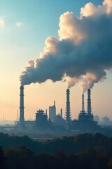 Thick, hazy smog hangs heavy over an industrial oil refinery complex, polluting the air and sky The scene depicts the environmental consequences of oil production , diesel, fossil fuels, production