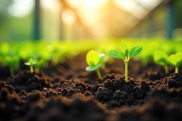 Tiny sprouts emerge in a vibrant, nurturing nursery greenhouse, bathed in soft sunlight Ideal for gardening, botany, agriculture, and educational content , organic, flora