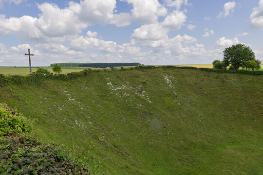 Landscape of Lochnagar crater memorial along the Somme river in France. Consequence of a British action starting the battle of Somme during WWI