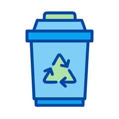 Recycle bin icon, blue trash can with recycle symbol, on a black background