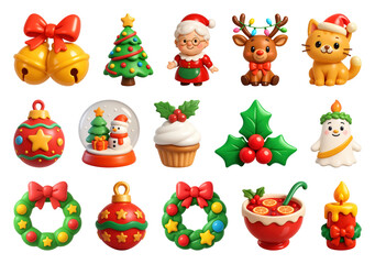 Fototapeta premium PNG Festive holiday cartoon icons collection, element set on transparent background