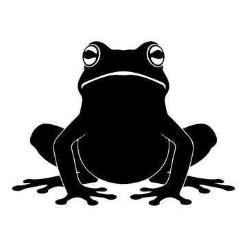Black silhouette of a frog sitting with wide eyes and legs spread wide on a white background