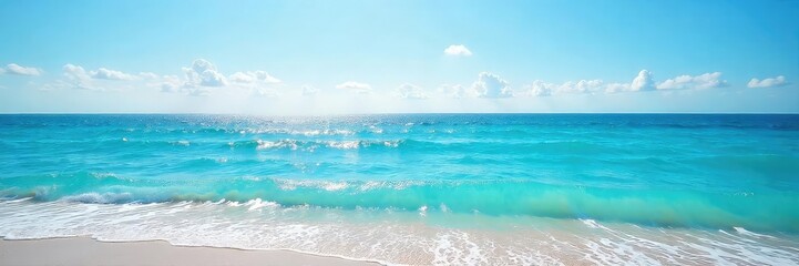 Vast, cerulean ocean stretches to the horizon, waves gently lapping the shore, sunlight glistening on the surface A pristine, untouched seascape , seascape, expanse, waves