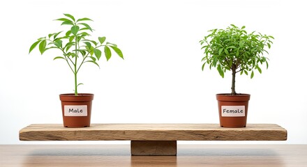 Conceptual image of gender equality, with plants representing male and female on a balance scale.
