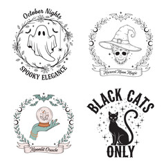 Set of four vintage halloween themed circular illustrations with spooky elements and text