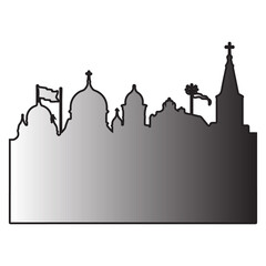 Monochromatic silhouette of a city skyline featuring domes towers and a flag against a gradient background