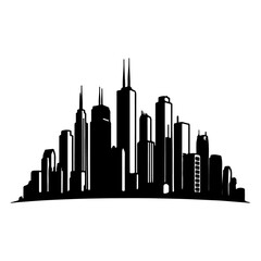 Modern cityscape silhouette with diverse skyscrapers against a white background minimalist design
