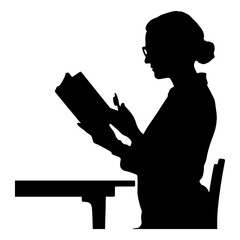 Silhouette of a woman wearing glasses reading a book at a desk with a chair in a studio setting