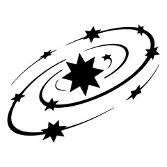 Stylized silhouette of a swirling galaxy with stars and a central starburst illustration