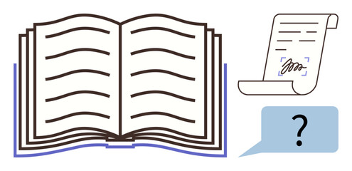 Open book with lined pages, signed document scroll, and question mark dialog bubble. Ideal for learning, education, inquiry, reading, research, curiosity and knowledge as a simple flat metaphor