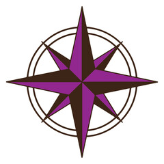Vibrant purple eight pointed star compass rose with black circular grid and spokes on a white background