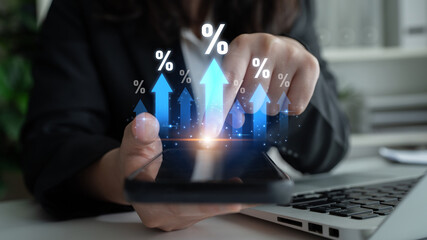 Fototapeta premium Rising interest rate reflects economic growth. Interest rate increase signals financial changes, interest rate trend drives investment, and interest rate shift affects planning. Latch