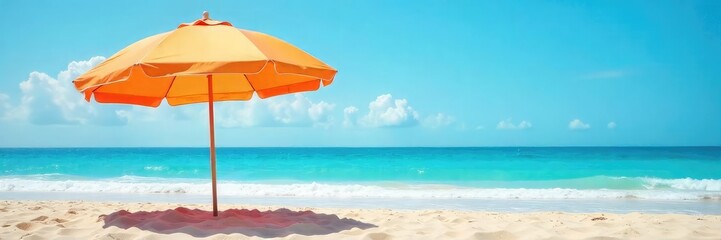 Vibrant beach umbrella casting a cool shade on the warm sand, perfect for a relaxing day by the ocean The umbrella stands tall against a picturesque backdrop , breeze, colorful, carefree