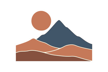 Stylized desert mountain range with layered hills and large setting sun against a white background