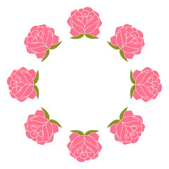 Flat style vector illustration of a round frame made of pink peony flowers, ideal for elegant designs, invitations, and floral decor on a white background.