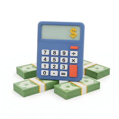 3d icon of blue calculator with stacks of money isolated on white background
