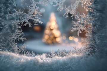 Frosty Window with Christmas Tree and Bokeh Lights