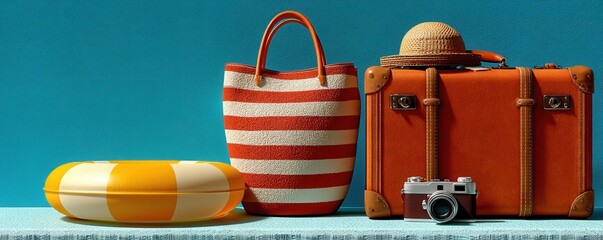 Colorful travel essentials for a beach holiday captured against a vibrant background