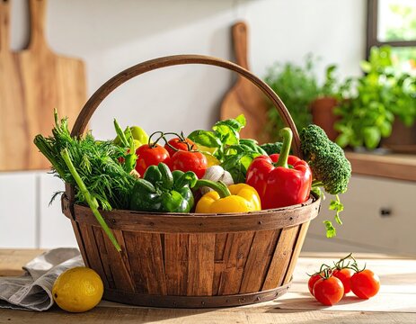 Wicker Basket Overflowing with Fresh Colorful Vegetables on a Wooden Kitchen Table Bright Sunlight Natural Lighting and Rustic Kitchen Setting