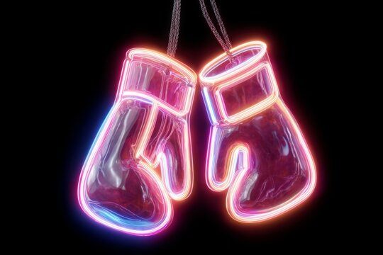 Two neon boxing gloves hang against a black background, radiating a vibrant and colorful glow, symbolyzing power, and the spirit of competition and victory.