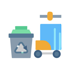 A blue push cart and recycle bin visual in a flat style illustration
