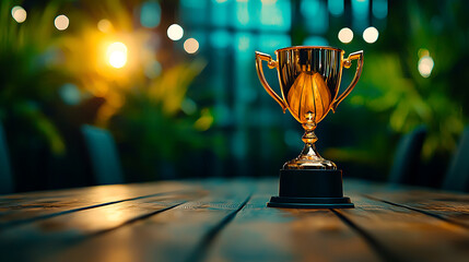 Golden trophy cup on wooden table in office setting, illuminated by soft lights, evokes sense of achievement and celebration