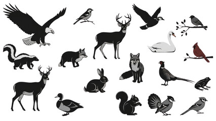 Wildlife Animal Silhouettes Collection — Black Forest and Bird Silhouettes on White Background, Minimalist Vector Illustration