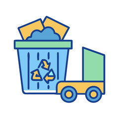 Flat vector illustration of a recycling bin and a truck for recycling