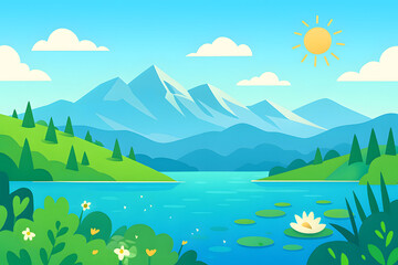 Fototapeta premium Scenic mountain landscape with lake and clear blue sky