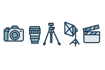 Professional photo and video production gear set with camera lens tripod and clapperboard