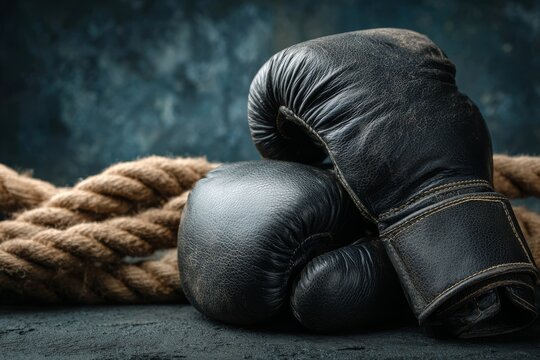 A close-up studio shot featuring a pair of vintage black boxing gloves resting on a rough jute rope, against a dark, textured background, showcasing raw power and old-school combat.