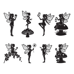 Collection of silhouetted fairies with wings dancing and posing on mushrooms and flowers