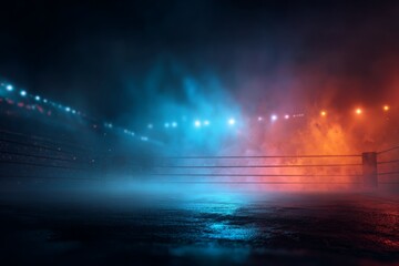A dramatic boxing ring arena illuminated by vibrant blue and orange lights, creating a misty atmosphere, ready for intense combat and powerful competition showdowns.