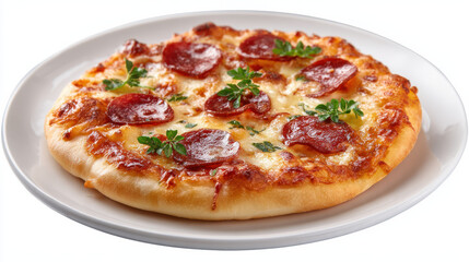 Frische Mini-Pizza mit Salami und Käse auf weißem Teller