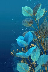 Elegant digital artwork of blue botanical leaves with intricate gold accents