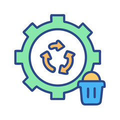 Colorful vector graphic of a gear with recycle symbol and trash bin, isolated